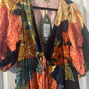 FARM Rio Black Floral Tie‑Waist Long Sleeve Maxi Dress